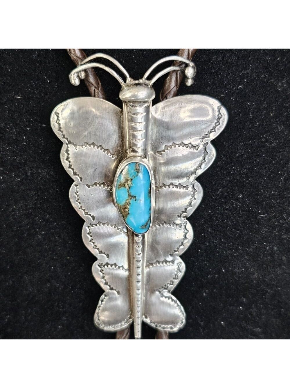 Navajo Turquoise Sterling Silver Bolo Tie Large Butterfly Signed HW. USA - Picture 3 of 12